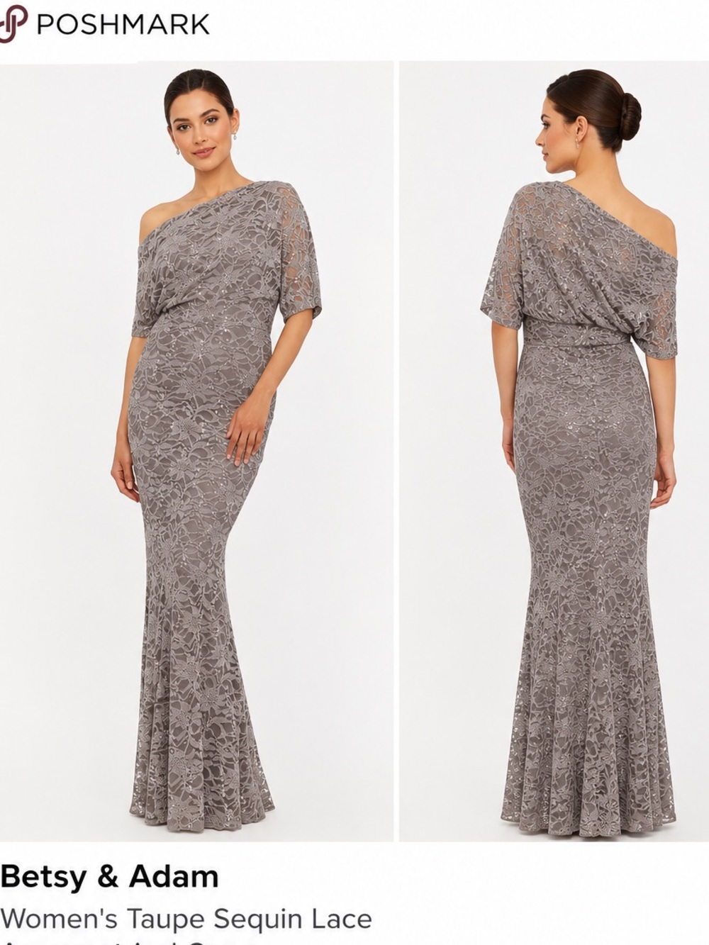 Betsy & Adam Taupe One Shoulder Lace Mermaid Dress NWT Sz 4 Wedding Glam